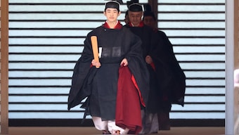 Japanese Prince Hisahito, son of Crown Prince Akishino, wearing ancient ceremonial costume, leaves for a ceremony by a carriage at the Imperial Palace in Tokyo Saturday, Sept. 6, 2025 as he celebrated his 19th birthday and attended the coming-of-age ceremony at the palace. (Photo: Yoshikazu Tsuno/Pool Photo via AP)