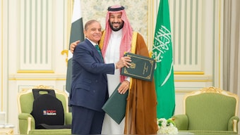 Mohammed bin Salman, the Crown Prince and Prime Minister of Saudi Arabia, embraces Pakistani Prime Minister Shehbaz Sharif after signing the Strategic Mutual Defense Agreement at Riyadh, Saudi Arabia, on September 18, 2025. (Photo: X/Ministry of Foreign Affairs, Saudi Arabia)