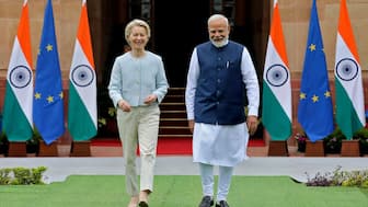 European Union (EU) chief Ursula von der Leyen and Indian Prime Minister Narendra Modi arrive for a photo opportunity ahead of their meeting at the Hyderabad House in New Delhi, India, on February 28, 2025. (Photo: Altaf Hussain/Reuters)