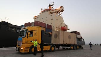 A truck transporting cargo from Afghanistan to be exported to India is seen at Shahid Beheshti Port in the southeastern Iranian coastal city of Chabahar, on the Gulf of Oman, on February 25, 2019. (Photo: Atta Kenare/AFP)