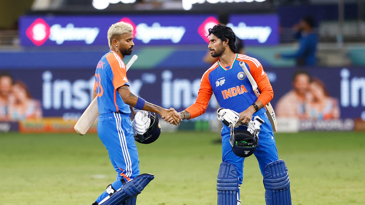 Hardik Pandya and Tilak Varma celebrate after steering India to a six-wicket victory over Pakistan in their Asia Cup Super 4s match in Dubai on Sunday, 21 September. Reuters Hardik Pandya and Tilak Varma celebrate after steering India to a six-wicket victory over Pakistan in their Asia Cup Super 4s match in Dubai on Sunday, 21 September. Reuters