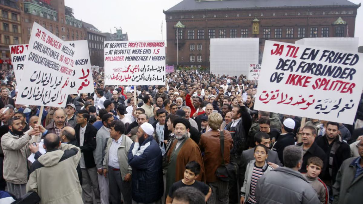 Danish Muslims gather near Copenhagen’s city hall to protest the cartoon published in Jyllands-Posten. File image/AP Danish Muslims gather near Copenhagen’s city hall to protest the cartoon published in Jyllands-Posten. File image/AP