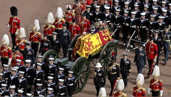 Queen Elizabeth II's funeral cortege borne on the State Gun Carriage of the Royal Navy travels along The Mall in London. File image/AP