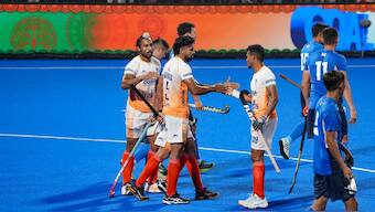 India's Abhishek is congratulated by teammates after scoring against Kazakhstan in their Men's Hockey Asia Cup Pool B meeting in Rajgir. PTI