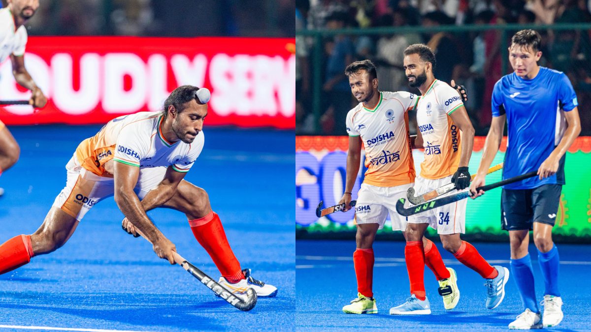 Rajinder Singh scored his first international goal against Kazakhstan as three other players scored hat-tricks. Image: Hockey India
Rajinder Singh scored his first international goal against Kazakhstan as three other players scored hat-tricks. Image: Hockey India
