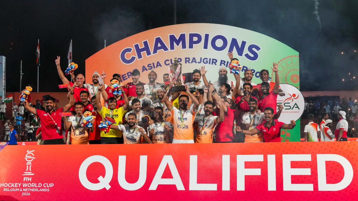 The victorious Indian team poses with the trophy after defeating South Korea 4-1 in the final of the 2025 Men's Hockey Asia Cup, qualifying for the 2026 FIH World Cup in the process. PTI The victorious Indian team poses with the trophy after defeating South Korea 4-1 in the final of the 2025 Men's Hockey Asia Cup, qualifying for the 2026 FIH World Cup in the process. PTI