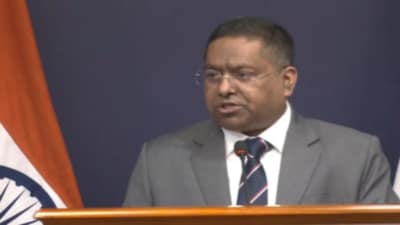 MEA Spokesperson Randhir Jaiswal addresses a press conference on Friday. ANI