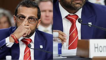 FBI director Kash Patel wore a $15 Liverpool FC tie to the Senate hearing. Images: Reuters
