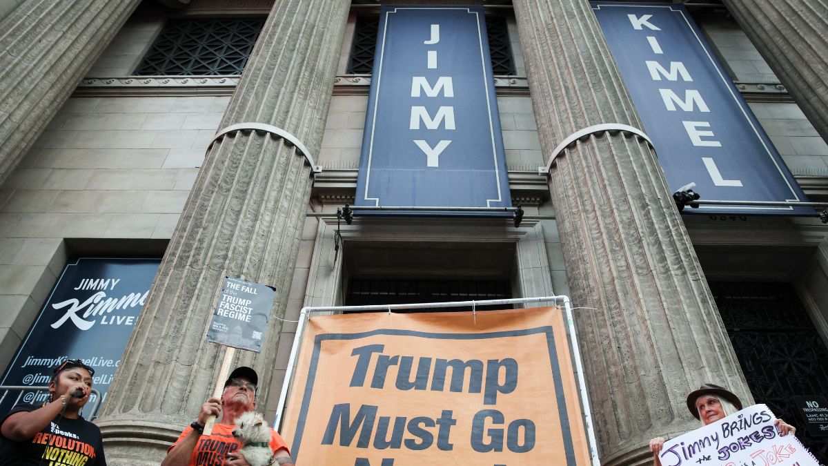 People demonstrate outside the El Capitan Entertainment Centre, where "Jimmy Kimmel Live!" is recorded for broadcast, on Hollywood Boulevard in Los Angeles, California, US, September 17, 2025. File Image/Reuters People demonstrate outside the El Capitan Entertainment Centre, where "Jimmy Kimmel Live!" is recorded for broadcast, on Hollywood Boulevard in Los Angeles, California, US, September 17, 2025. File Image/Reuters