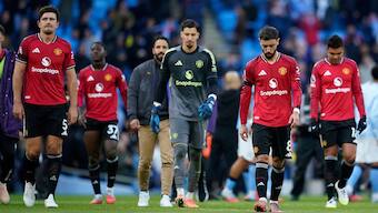 Manchester United players wear a dejected look after their 0-3 defeat in their Premier League meeting with Manchester City at the Etihad Stadium on Sunday, 14 September. AP