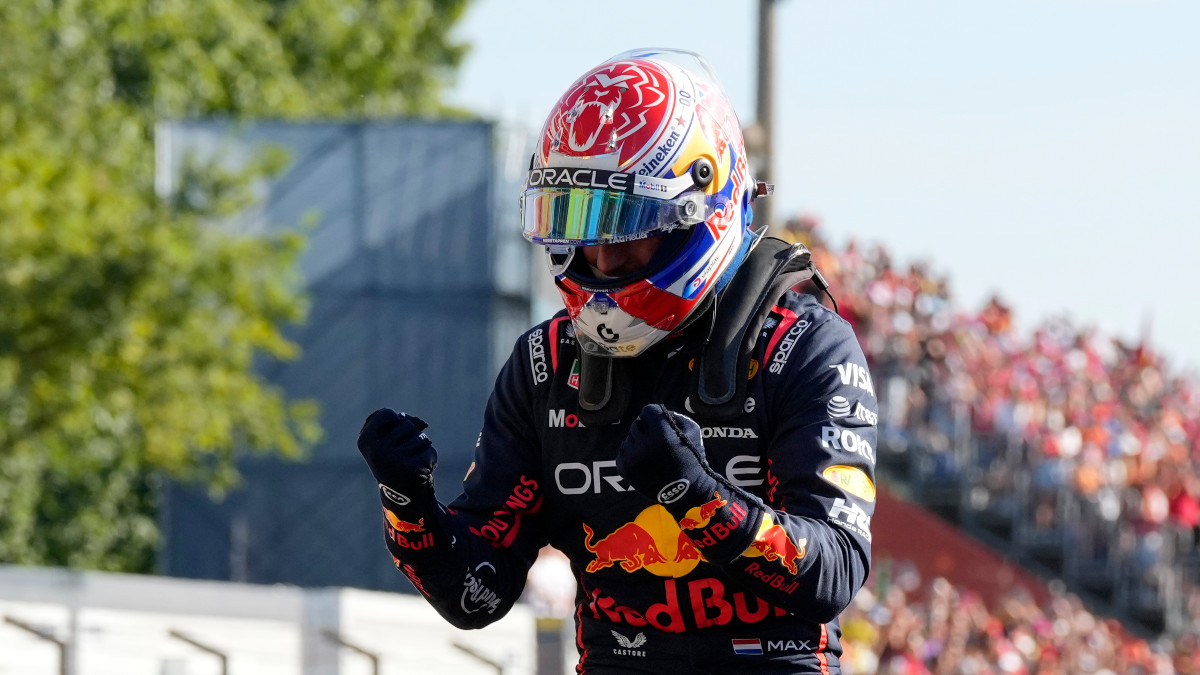 Defending world champion Max Verstappen celebrates after securing pole position for the Italian Grand Prix at Monza. AP Defending world champion Max Verstappen celebrates after securing pole position for the Italian Grand Prix at Monza. AP