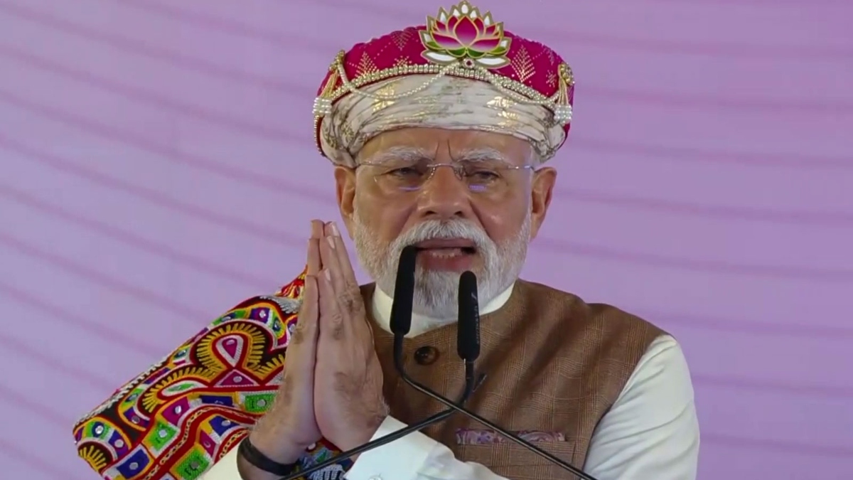 Prime Minister Narendra Modi greets the gathering in Madhya Pradesh's Dhar on Wednesday. ANI Prime Minister Narendra Modi greets the gathering in Madhya Pradesh's Dhar on Wednesday. ANI