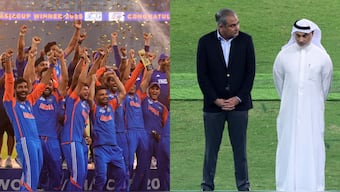 Team India refused to take the Asia Cup trophy from PCB head Mohsin Naqvi. Images: PTI/Reuters 