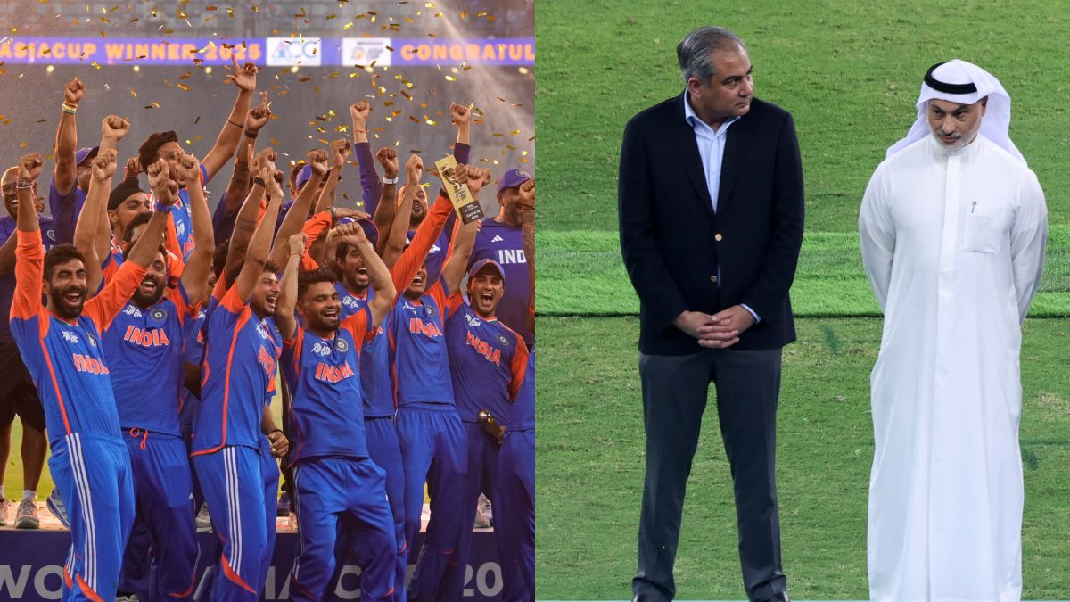Team India refused to take the Asia Cup trophy from PCB head Mohsin Naqvi. Images: PTI/Reuters Team India refused to take the Asia Cup trophy from PCB head Mohsin Naqvi. Images: PTI/Reuters