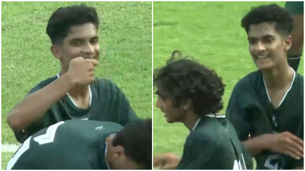 Pakistan's Muhammad Abdullah celebrates after scoring the 43rd minute equaliser against India in their SAFF U-17 Championship match in Colombo. Image credit: Screengrab/Sportzworkz Pakistan's Muhammad Abdullah celebrates after scoring the 43rd minute equaliser against India in their SAFF U-17 Championship match in Colombo. Image credit: Screengrab/Sportzworkz