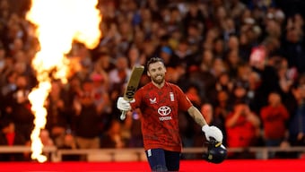 England opener Phil Salt celebrates after completing his century in the second T20I against South Africa in Manchester. Reuters