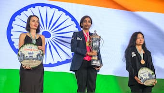 Indian GM R Vaishali finished ahead of Russia's Kateryna Lagno and Kazakhstan's Bibisara Assaubayeva to win the FIDE Women's Grand Swiss for the second consecutive time. Image credit: FIDE