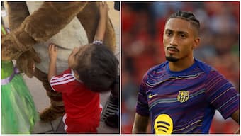 Raphinha slammed Disneyland Paris over a mascot deliberately ignoring his two-year-old son Gael while greeting other children. Image credit: Instagram/Reuters