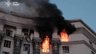 This handout photograph taken and released by Ukrainian State Emergency Service on September 7, 2025, shows a fire at the Ukrainian government building in Kyiv, following an overnight attack, amid the Russian invasion of Ukraine. Image- AFP