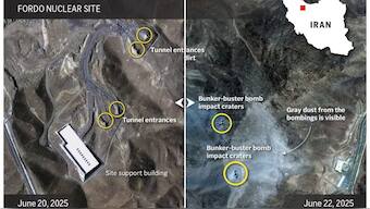 The image above is a frame grab of a before and after interactive slider that compares Iran's Fordo nuclear facility before and after U.S. bombed the site. (AP Graphic)

