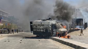 A police vehicle is set on fire in Leh during a protest demanding federal statehood for the region of Ladakh on September 24, 2025 [AP Photo]
