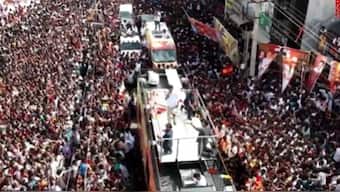 Visuals from Tamilaga Vettri Kazhagam (TVK) President and actor Vijay’s Namakkal rally, held earlier today.(PTI)
