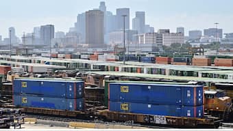 Shipping containers are seen at the rail yard at the LATC-Union Pacific Los Angeles Transportation Center on September 2, 2025 in Los Angeles. Image-AFP