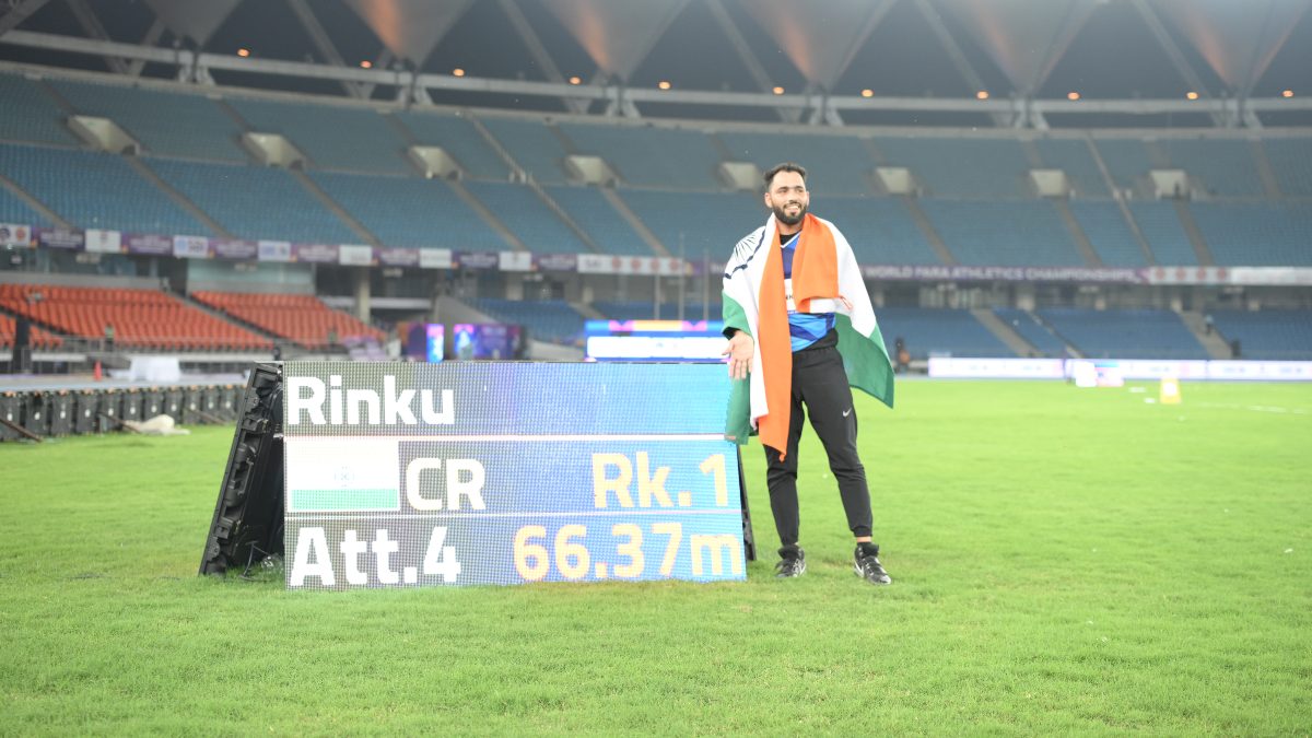 Rinku Hooda won the Men's Javelin Throw F46 gold medal at the World Para Athletics Championships 2025 in Delhi. Image: World Para Athletics Championships
Rinku Hooda won the Men's Javelin Throw F46 gold medal at the World Para Athletics Championships 2025 in Delhi. Image: World Para Athletics Championships