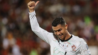 Cristiano Ronaldo paid an emotional tribute to late Diogo Jota after scoring against Armenia. Image: Reuters

