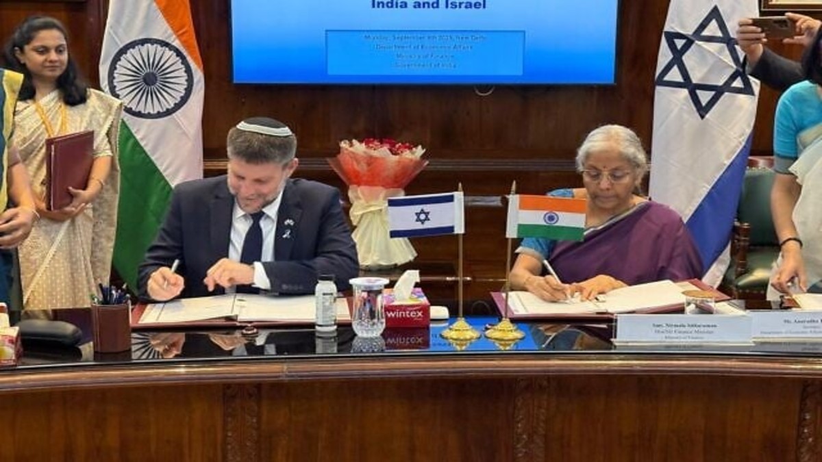 Finance Minister Bezalel Smotrich (left) signs a bilateral investment agreement in the presence of Indian counterpart Nirmala Sitharaman in New Delhi, September 8, 2025. (Courtesy of Israel Finance Ministry) Finance Minister Bezalel Smotrich (left) signs a bilateral investment agreement in the presence of Indian counterpart Nirmala Sitharaman in New Delhi, September 8, 2025. (Courtesy of Israel Finance Ministry)