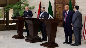Syrian Foreign Minister Asaad Hassan al-Shibani, Jordanian Foreign Minister Ayman Safadi and US special envoy for Syria Tom Barrack attend a press conference, in Damascus, Syria, on Tuesday. Reuters