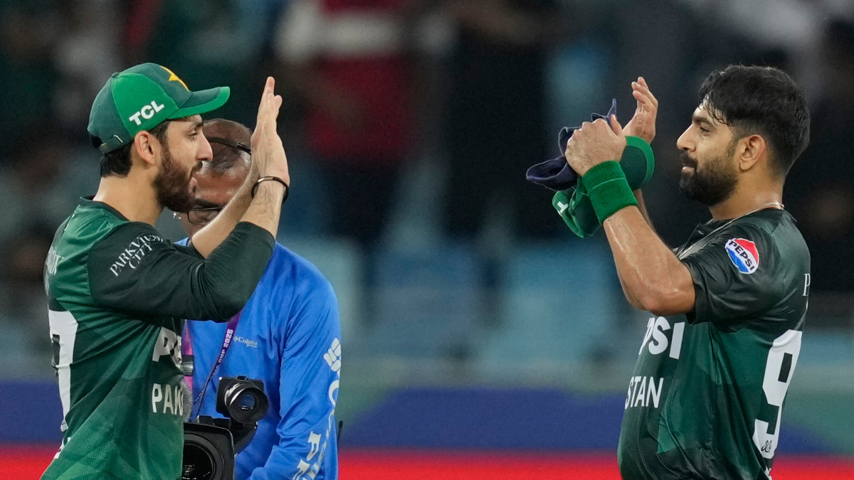 Pakistan captain Salman Ali Agha and pacer Haris Rauf celebrate the fall of a wicket during their Asia Cup Super 4s match against Bangladesh in Dubai. AP Pakistan captain Salman Ali Agha and pacer Haris Rauf celebrate the fall of a wicket during their Asia Cup Super 4s match against Bangladesh in Dubai. AP