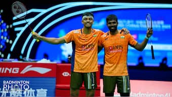 Satwiksairaj Rankireddy and Chirag Shetty celebrate after defeating Malaysia's Aaron Chia and Soh Wooi Yik in the semi-finals of the China Open men's doubles category. Image credit: Badminton Photo
