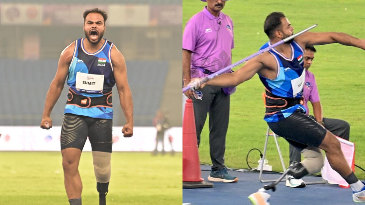 Despite lacking good competition, gold medallist Sumit Antil managed to break the World Para Athletics Championships record in the Men's Javelin Throw F64 event. Images: Paralympic Committee of India (PCI)
Despite lacking good competition, gold medallist Sumit Antil managed to break the World Para Athletics Championships record in the Men's Javelin Throw F64 event. Images: Paralympic Committee of India (PCI)