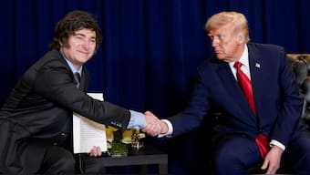 US President Donald Trump shakes hands with Argentina's President Javier Milei as they meet during the 80th United Nations General Assembly, in New York City, New York, US, September 23, 2025. File Image/Reuters