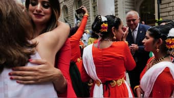  Indian-Americans, many in traditional dress, participate in a flag-raising ceremony in lower Manhattan to mark India's 77th Independence Day on August 15, 2023 in New York City. File Photo/Getty Images via AFP