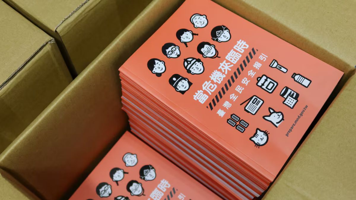 Copies of Taiwan's updated civil defence handbook are stored in a box at a printing house in Taoyuan, Taiwan, September 2, 2025. REUTERS Copies of Taiwan's updated civil defence handbook are stored in a box at a printing house in Taoyuan, Taiwan, September 2, 2025. REUTERS