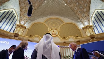 US President Donald Trump and Crown Prince of Abu Dhabi Sheikh Khaled bin Mohamed bin Zayed Al Nahyan attend a business forum at Qasr Al Watan during the final stop of his Gulf visit, in Abu Dhabi, United Arab Emirates, May 16, 2025. File Photo/Reuters