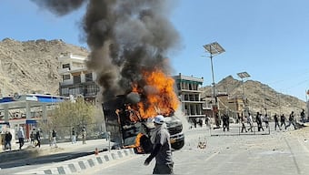 A vehicle is set on fire during a protest by locals demanding statehood for the Union Territory, in Leh, in the Ladakh region, September 24, 2025. Reuters 