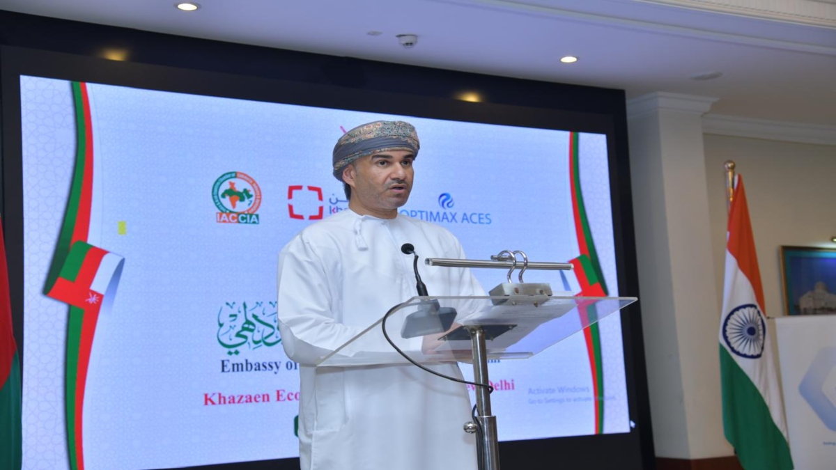 Oman's Ambassador to India Issa Saleh Alshibani speaks at an event on promoting investments Khazaen Economic City. Image Source: Embassy of The Sultante of Oman Oman's Ambassador to India Issa Saleh Alshibani speaks at an event on promoting investments Khazaen Economic City. Image Source: Embassy of The Sultante of Oman
