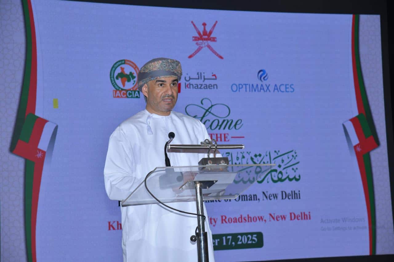 general Oman's Ambassador to India Issa Saleh Alshibani speaks at an event on promoting investments Khazaen Economic City. Image Source: Embassy of The Sultante of Oman