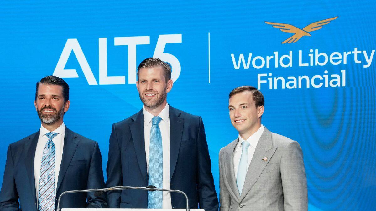 Zach Witkoff, Co-Founder and CEO of World Liberty Financial, Donald Trump Jr and Eric Trump pose before they ring the opening bell to celebrate the closing of ALT5’s $1.5 billion offering and adoption of its $WLFI Treasury Strategy at the Nasdaq Market, in New York City, US, August 13, 2025. File Image/Reuters