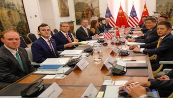 Senior U.S. and Chinese led by U.S. Treasury Secretary Scott Bessent, U.S. Trade Representative Jamieson Greer, Chinese Vice Premier He Lifeng and Chinese trade negotiator Li Chenggang meet to discuss trade and economic issues and TikTok, in Madrid, Spain, September 14, 2025. AFP