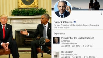 At first glance, it looked like Obama’s LinkedIn had been hacked or tampered with as it showed a picture of Donald Trump. But the explanation is less sinister and more about how LinkedIn works. Image courtesy: Reuters, LinkedIn
