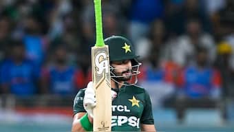 Pakistan's Sahibzada Farhan celebrates after scoring his half-century in final. Image: AFP
