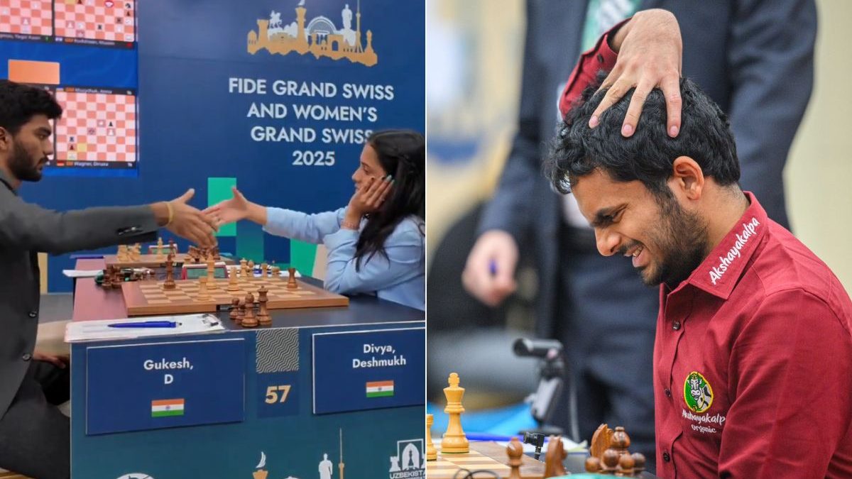 D Gukesh and Divya Deshmukh played out an intense draw in round 8. Image: FIDE D Gukesh and Divya Deshmukh played out an intense draw in round 8. Image: FIDE