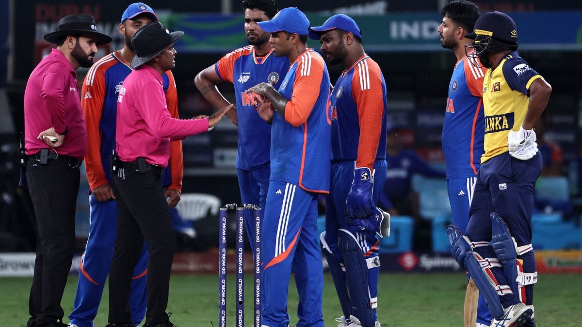 Suryakumar Yadav speaks with the umpires after the decision was overturned. Image: AFP Suryakumar Yadav speaks with the umpires after the decision was overturned. Image: AFP
