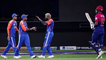 India's players celebrate after the dismissal of UAE's Junaid Siddique during the Asia Cup 2025. Image: AFP