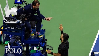 Novak Djokovic arguing with the umpire during quarterfinal match at US Open. Image: Reuters