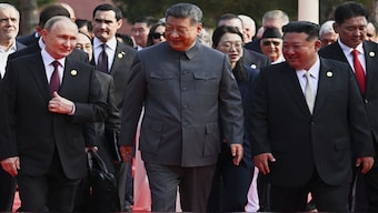 Russian President Vladimir Putin, Chinese President Xi Jinping and North Korean leader Kim Jong-un arrive at a military parade to commemorate the 80th anniversary of Japan's World War II surrender in Beijing, China. AP